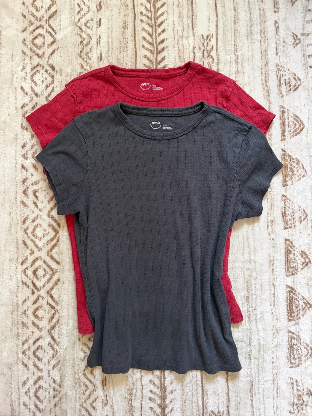 Aerie Ribbed Pointelle Crewneck Tshirt Two Pack Charcoal Grey and Dark Red